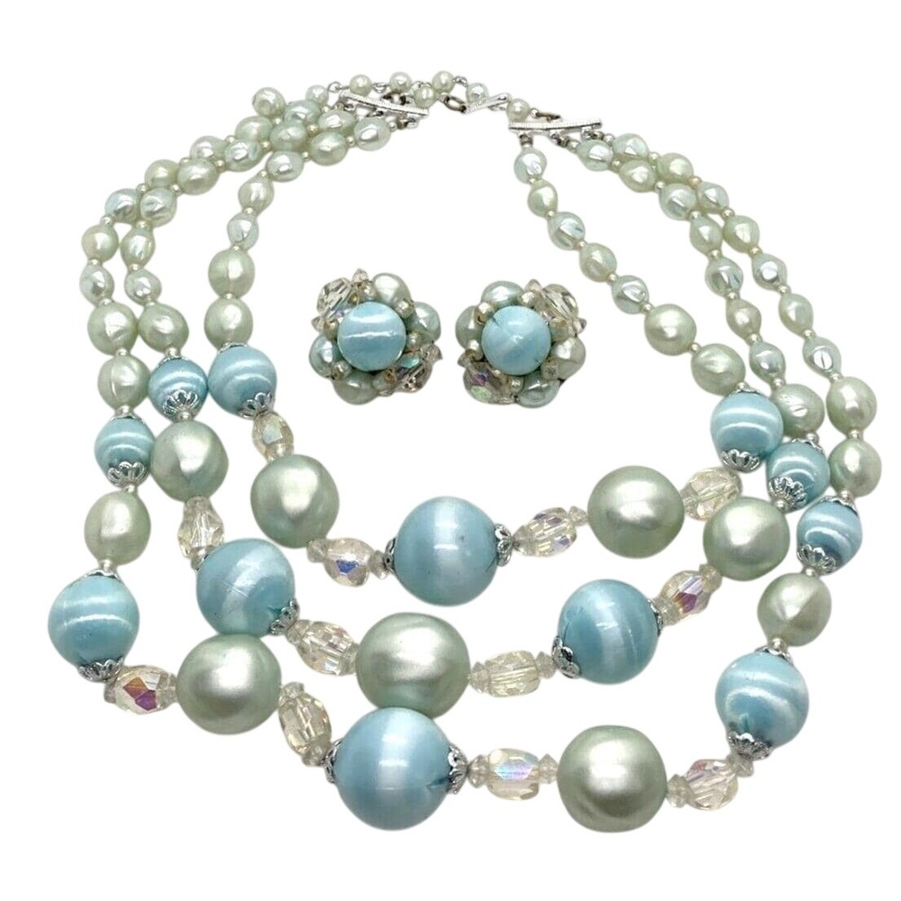 Vintage Pastel Blue Plastic Bead 3 Strand 16'' Necklace Earrings Set 60s Japan‎